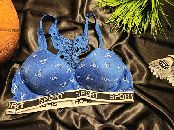 Sports Lace Printed Embroidered Padded Bra | Free Size | Blue