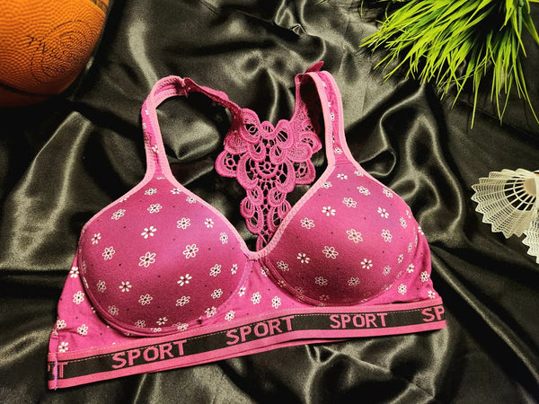 Sports Lace Embroidered With Print Padded Bra | Free Size | Pink