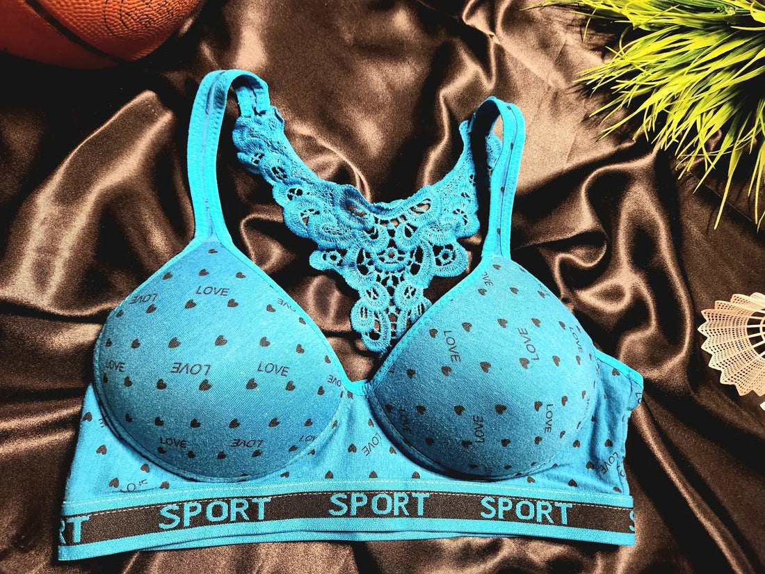 Sports Lace Embroidered With Heart Print Padded Bra | Free Size | Blue