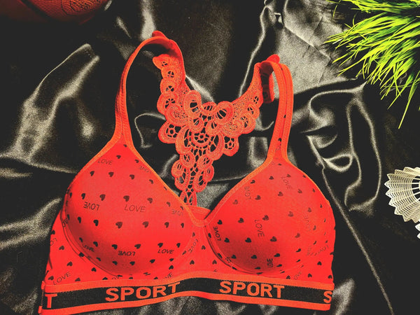 Sports Lace Embroidered And Heart Patterned Padded Bra | Free Size | Red