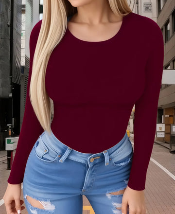 Elegant Long Sleeve Crew Neck Solid Color Bodysuit