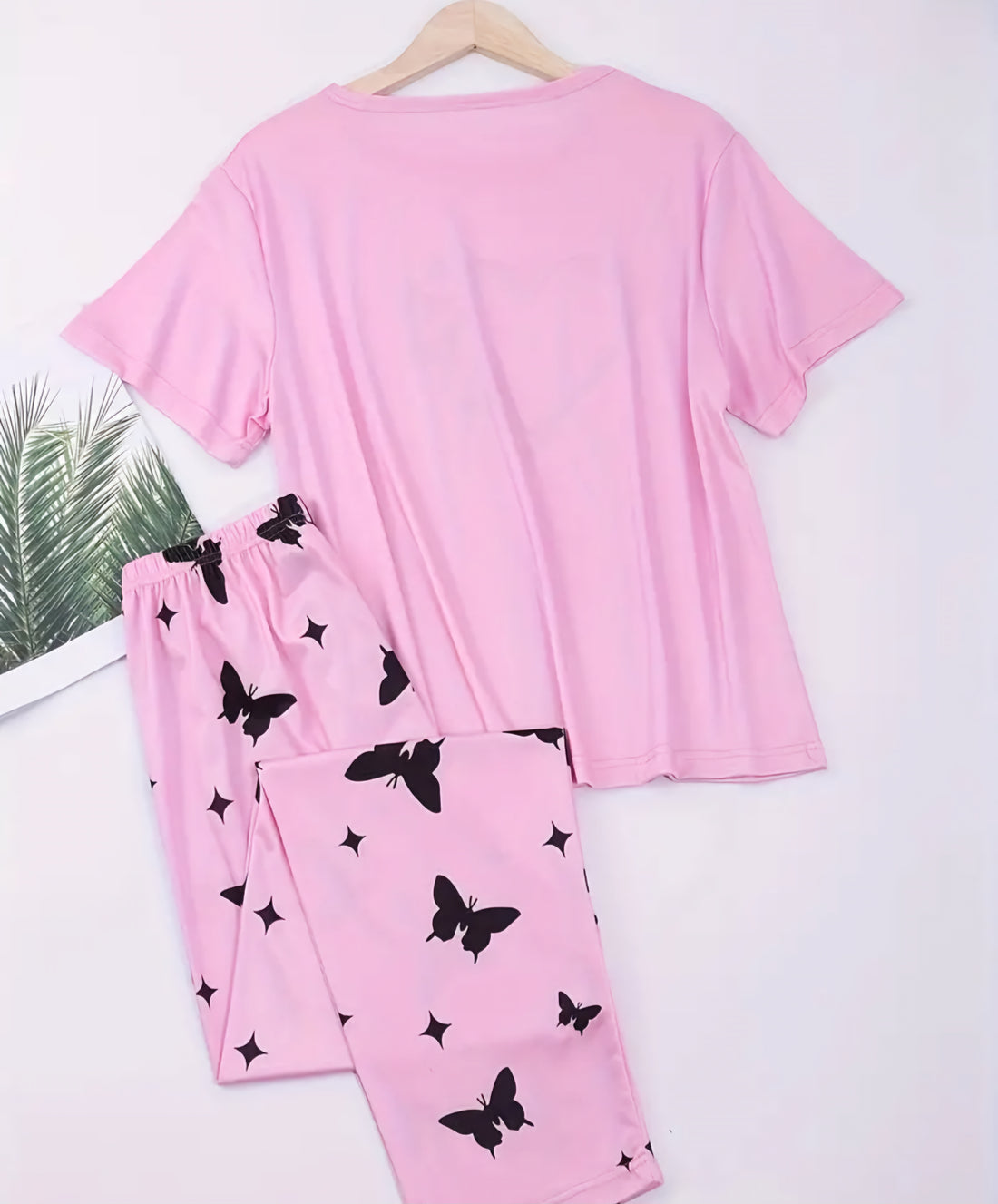 Heart & Butterfly Print Pajama Set, Comfort Short Sleeve Top & Loose Long Pants