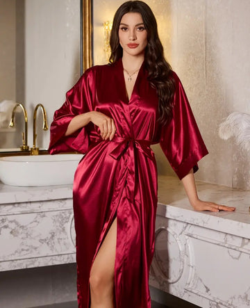 Elegant V-Neck Long Robe for Women – 100% Polyester Solid Color, Comfortable Fall/Winter Home Dressing Gown with Tie Waist Detail