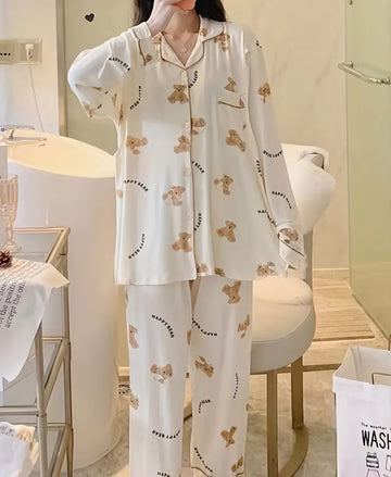 Cartoon Bear Print Pajama Set, Cute Lapel Long Sleeve Blouse Top & Elastic Waistband Pants