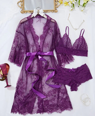 Sexy Lingerie Set with Eyelash Lace Scallop Decorations & Kimono Robe