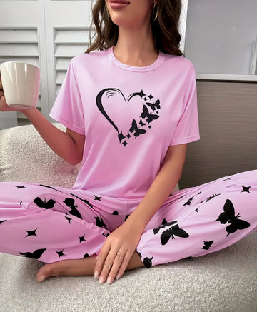 Heart & Butterfly Print Pajama Set, Comfort Short Sleeve Top & Loose Long Pants