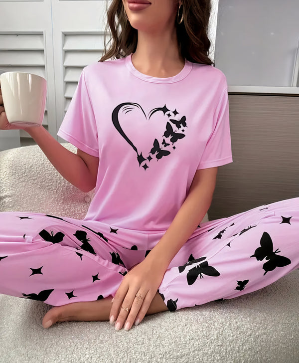 Heart & Butterfly Print Pajama Set, Comfort Short Sleeve Top & Loose Long Pants