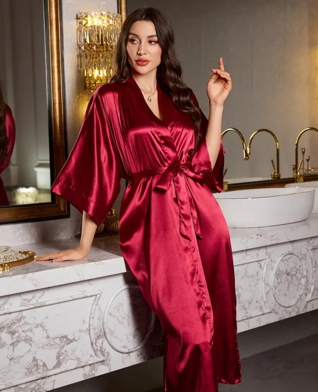 Elegant V-Neck Long Robe for Women – 100% Polyester Solid Color, Comfortable Fall/Winter Home Dressing Gown with Tie Waist Detail