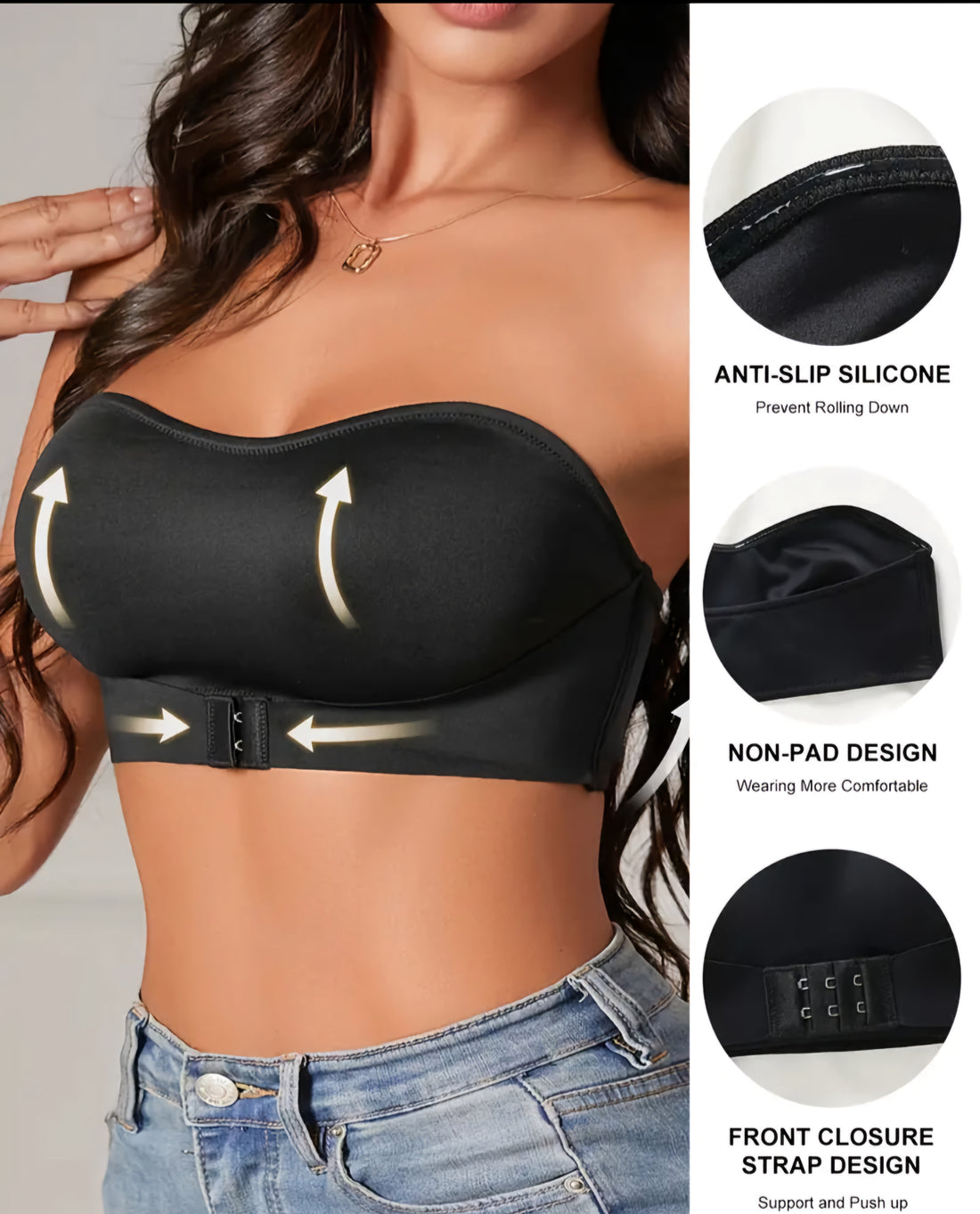 Strapless Front Buckle Bandeau Bra - Wireless, Non-Padded Women's Lingerie & Underwear