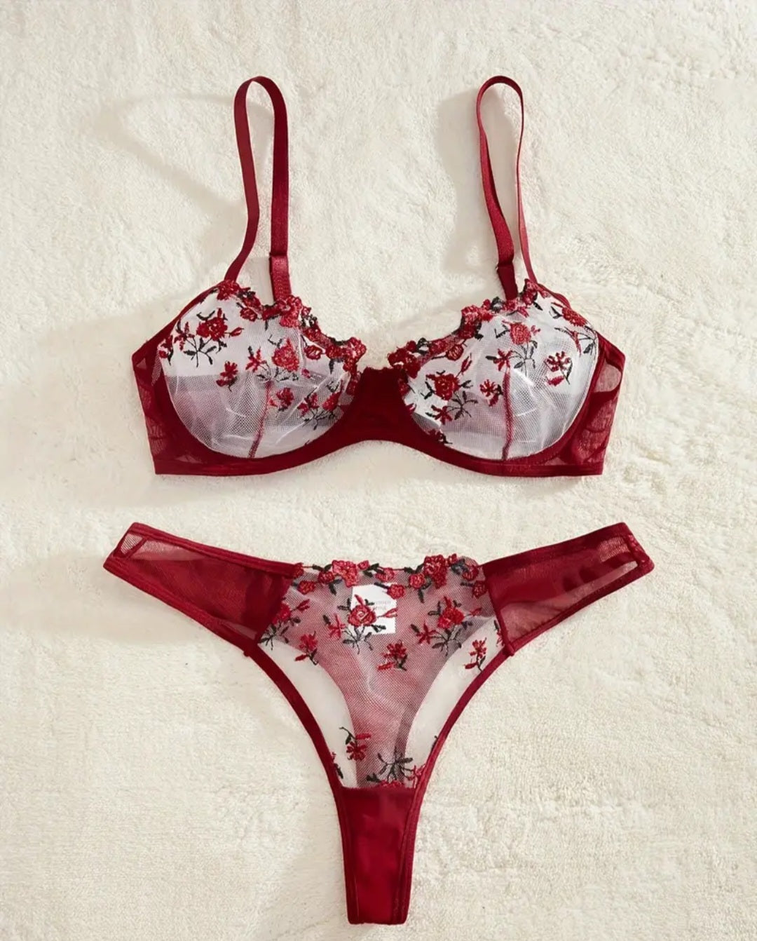 Sexy Floral Embroidery Mesh Cami Bra & Panties Lingerie Set