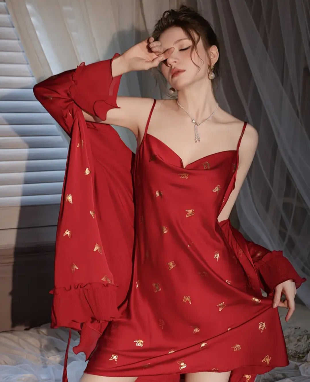 Light Luxury Satin Kimono Nightgown & Tie Bathrobe Set with Garter Detail – Red Bride Wedding Pajamas