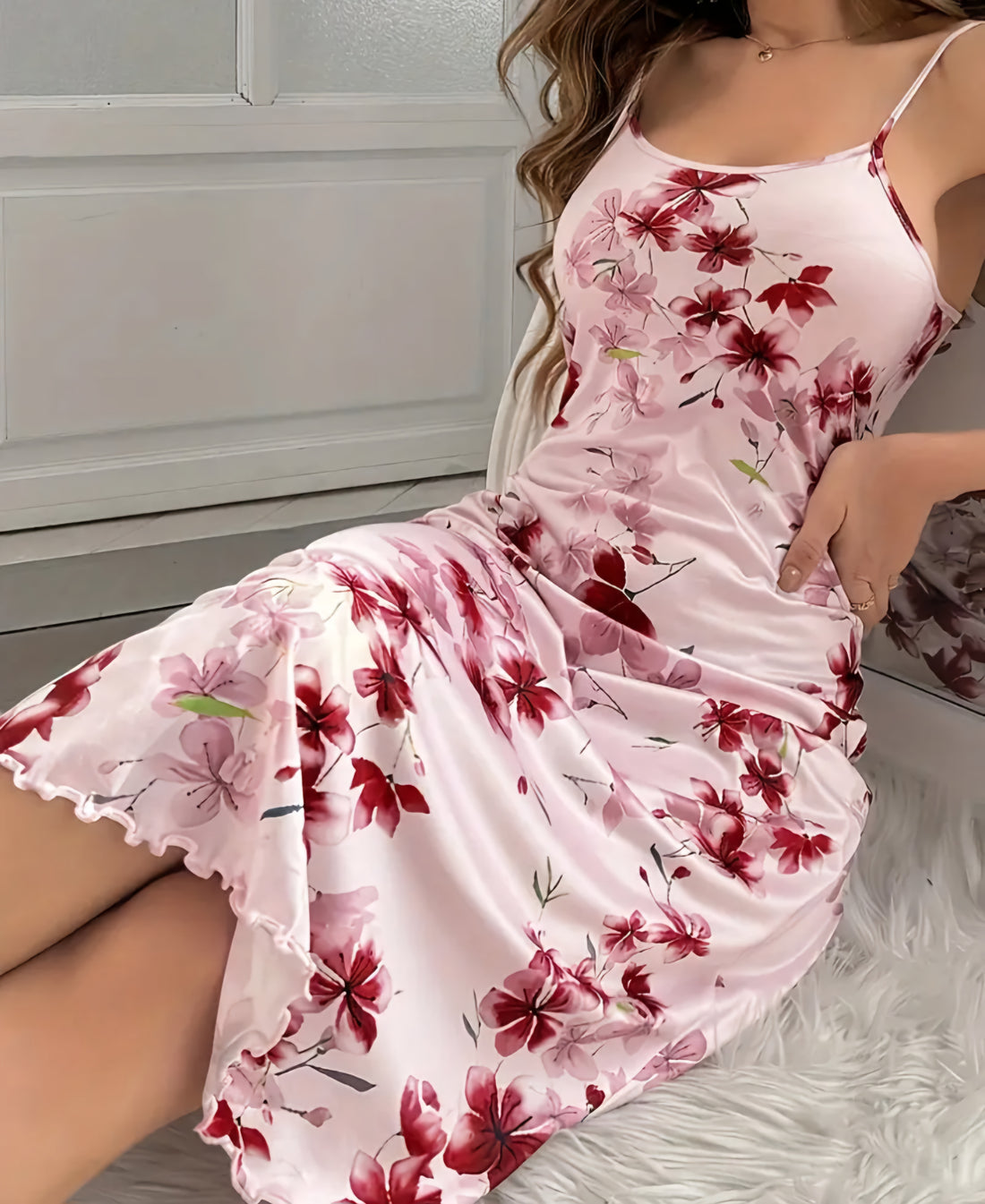 Sexy Floral Print Lettuce Trim Slip Nightdress