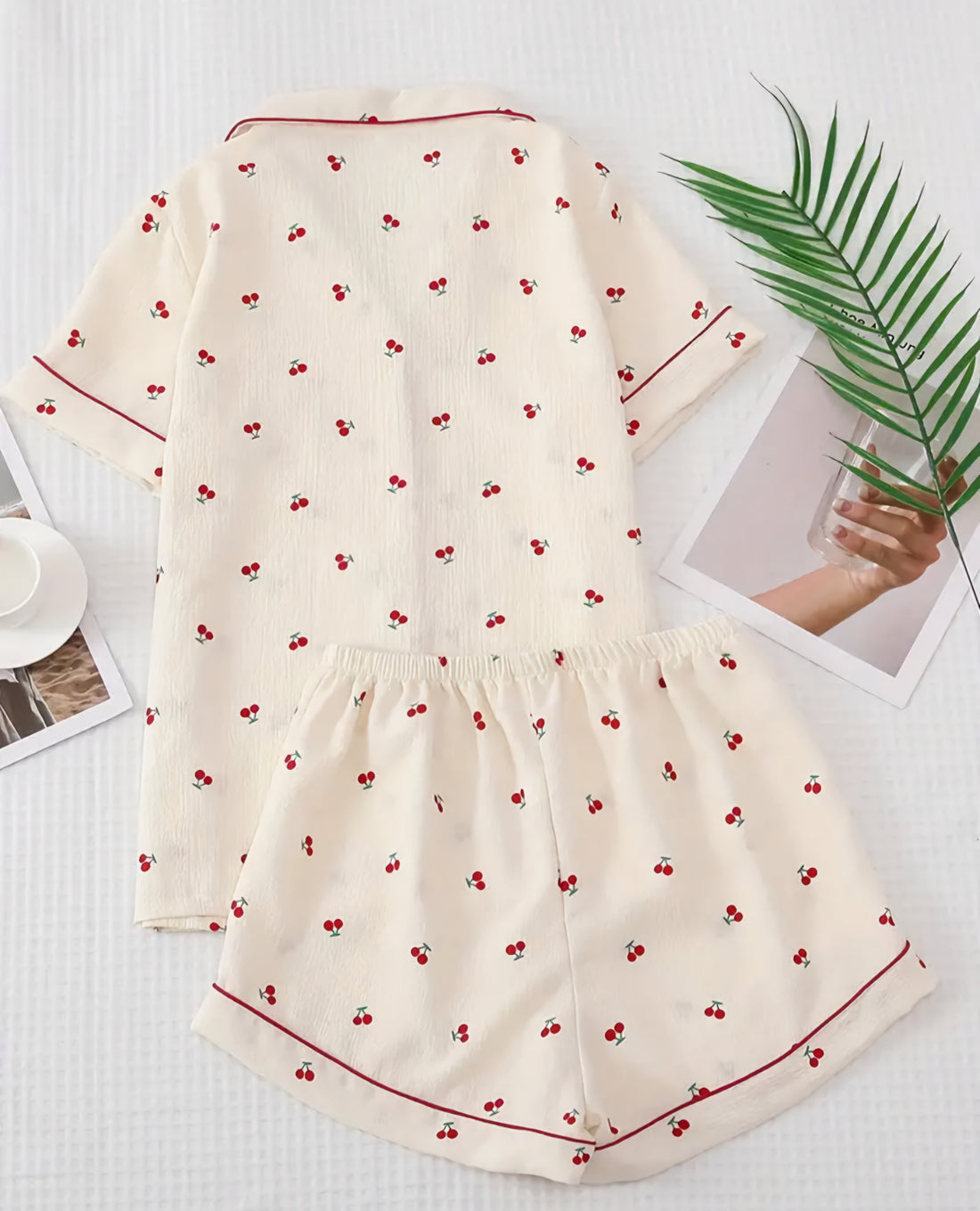 Cherry Print Pajama Set, Sweet & Cute Lapel Buttons Top and Bow Shorts