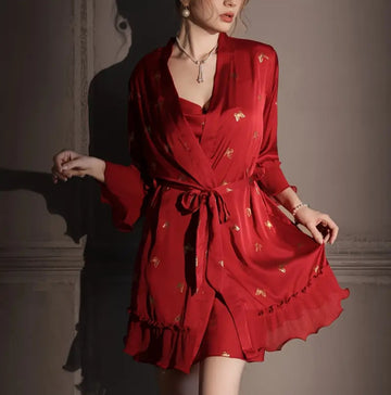 Light Luxury Satin Kimono Nightgown & Tie Bathrobe Set with Garter Detail – Red Bride Wedding Pajamas