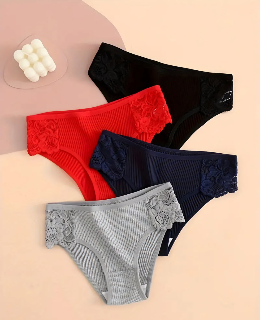 Contrast Lace Briefs: Comfy & Breathable Ribbed Stretchy Panties