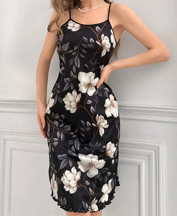 Floral Print Nightgown: Sexy Round Neck Frill Trim Backless Knee Length Slip Dress