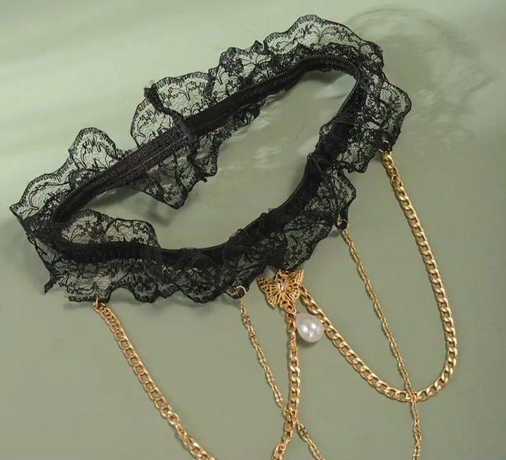 Elegant Black Lace Elastic Garter with Tassel Chain, Butterfly Pendant & Teardrop Faux Pearl Thigh Chain - TheNebora