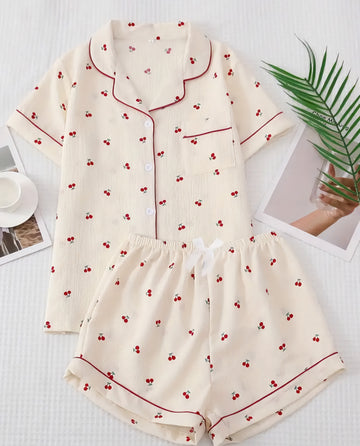 Cherry Print Pajama Set, Sweet & Cute Lapel Buttons Top and Bow Shorts