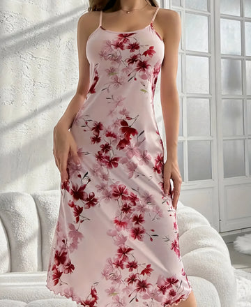 Sexy Floral Print Lettuce Trim Slip Nightdress