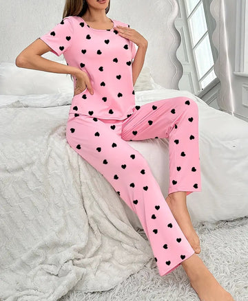 Women's Short Sleeve T-Shirt & Long Pants Pajama Set
Love Heart Print Lounge Sleepwear